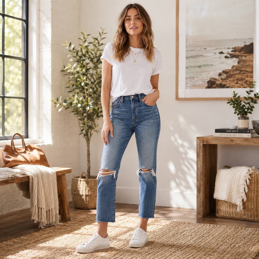 Madewell High Rise Slim Boyjean Raw Hem Distressed Jeans Size 28